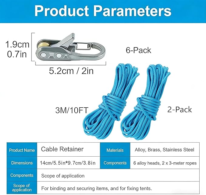 6-Pack Paracord Adjusters, Rope Tightening Tool & Tensioner, Heavy-Duty Roller Tensioner Rope for Camping, Tarps, Guy Lines, Boating & Outdoor Equipment
