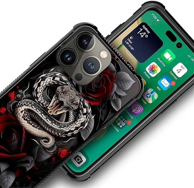 for iPhone 14 Pro Case, Entwined Rose Snake Pattern Graphic Design Girl Boy Soft Silicone Hard Acrylic Shock Protection for iPhone 14 Pro