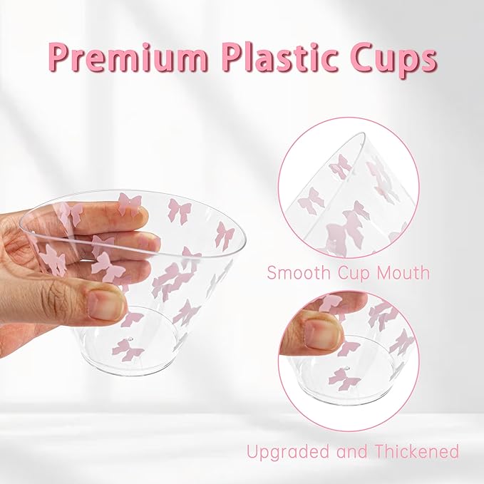 I00000 200 Pcs 9 oz Clear Plastic Cups with Pink Bow, Clear Disposable Cups Wine Glasses Cocktail Glasses Premium Cup Perfect for Wedding, Birthday & Party
