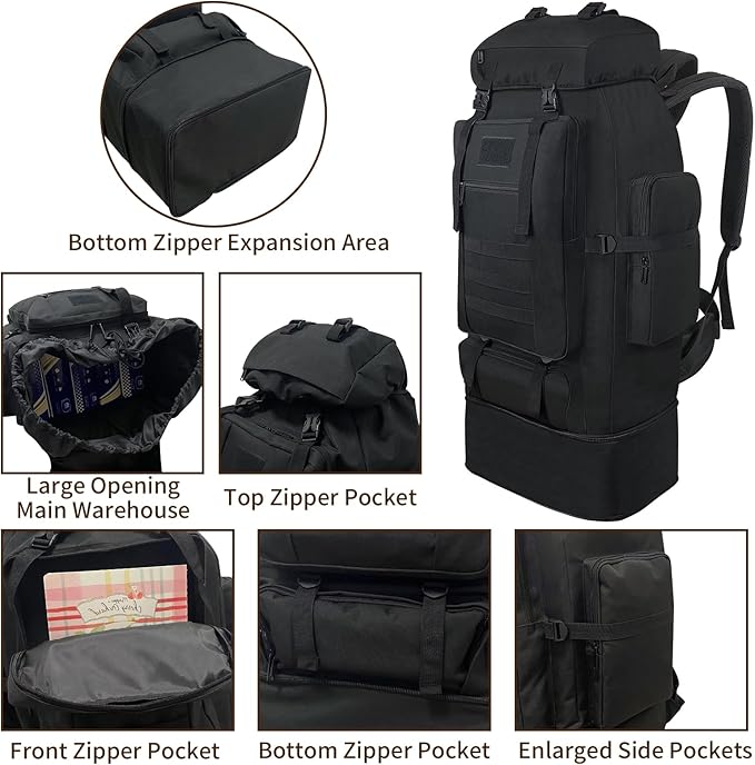 Hiking Backpack, 100L Large Camping Backpack, Expandable Waterproof MOLLE Rucksack, Outdoor Sport Travel Daypack Military Tactical Back pack for Men Women (Black)