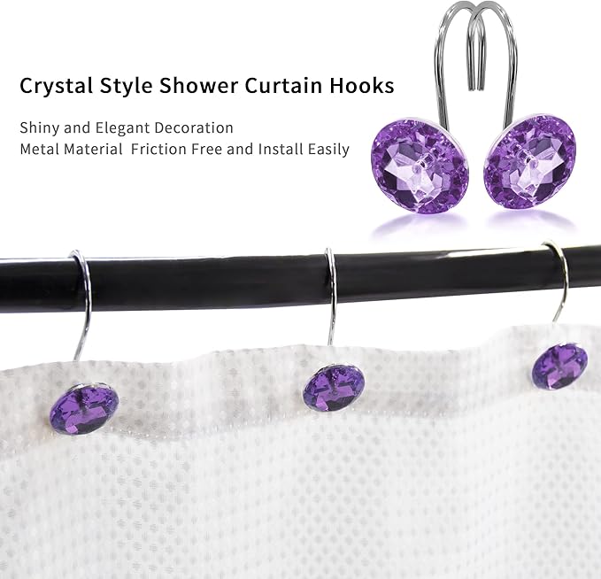 MitoVilla Purple Shower Curtain Hooks Rings, Metal Shower Hooks for Shower Curtain Liner, Purple Rust Proof Shower Rings for Curtain Accessories and Bathroom Shower Rod, 12 Pack Bathroom Set