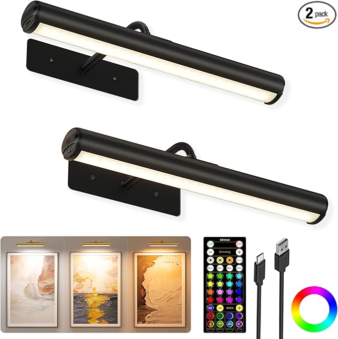 EZVALO 13 Inch Wireless Picture Lights, 4000mAh Rechargeable Battery RGB Colors Lights with Remote, Dimmable 3 Color Temps LED Painting Lights for Living Room, Bedroom (Black, 2Pack)