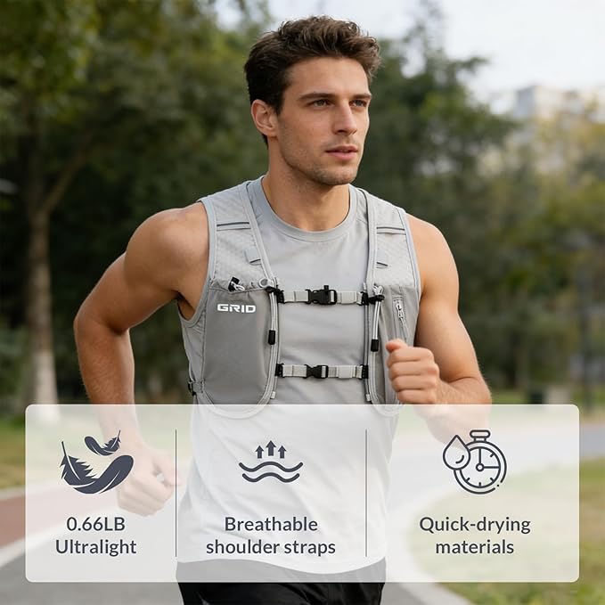 GRIO Hydration Running Vest for Women Men, Water Backpack for Hiking ,with 1.5L Water Bladder, Lightweight Breathable Reflective Hydration Pack for Marathon, Trail, Hiking, Cycling