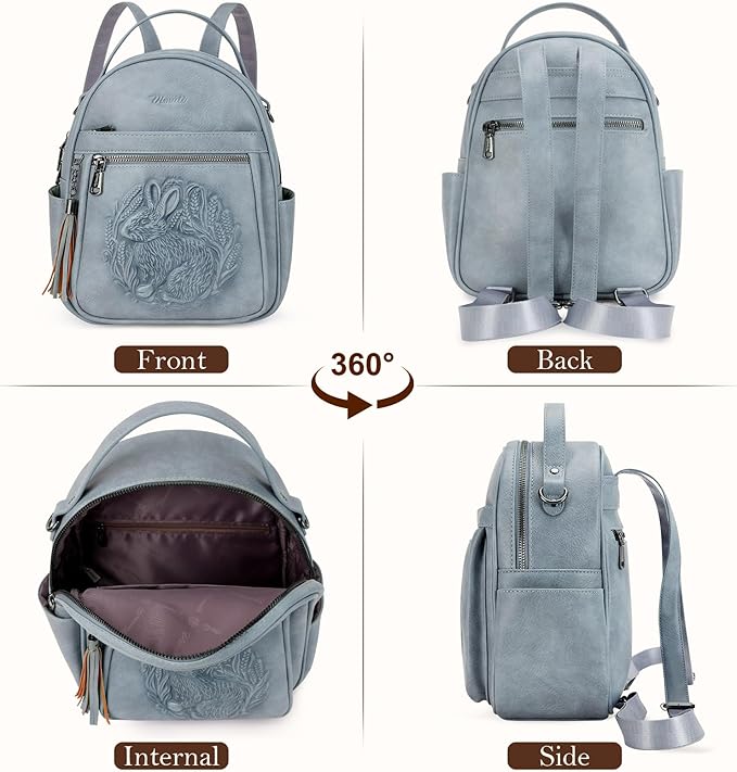 Mini Backpack Purse for Women,Embossed Leather Small Backpack Fashion Travel Backpacks Daypacks Shoulder Handbag(BLUE-Rabbit)