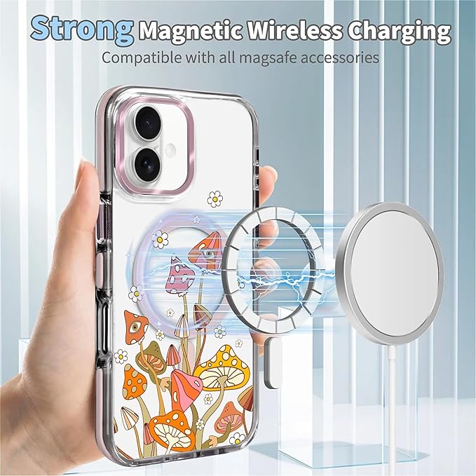 Case for iPhone 16 Plus,[Compatible with MagSafe],Retro Mushroom Sunflower Phone Case Design，for Women Girls Magnetic Clear Cover - Slim, Sleek, & Shockproof Protection