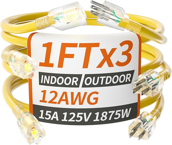 PlugSaf 12/3 Gauge Yellow Indoor Outdoor Extension Cord 1FT (3 Pack) with Lighted Indicator,3 Prong SJTW Heavy Duty Extension Cable with 3 Prong Grounded Plug for Safety,ETL Listed