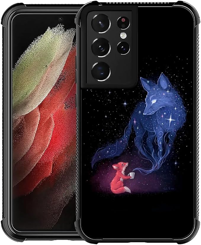 for Samsung Galaxy S21 Ultra Case, Galaxy Fox Wolf Pattern Graphic Design Girl Boy Soft Silicone Hard Acrylic Shock Protection for Samsung Galaxy S21 Ultra