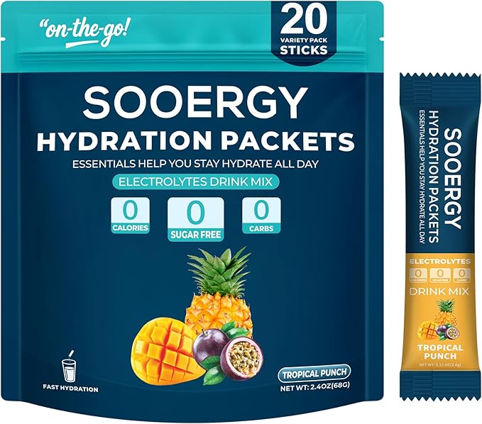 Electrolytes Powder Packets Sugar Free Hydration Packets, Liquid Daily IV Electrolyte Drink Mix for Rehydration with Electrolytes, Vitamins, 0 Calorie, Tropical Punch Flavor 20 Sticks