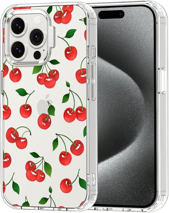 MOSNOVO Case for iPhone 15 Pro Max, [Buffertech 6.6ft Military-Grade Drop Protection] [Anti Peel Off Tech] Clear TPU Bumper Phone Case Cover Design - Cute Cherry