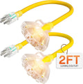 2 ft 12 Gauge Heavy Duty 3 Outlet Extension Cord Splitter with Indicator, Waterproof Outdoor Extension Cord with Multiple Outlets, 15A 1875W for Workshop, ETL Listed, Yellow SJTW, 2 pcs