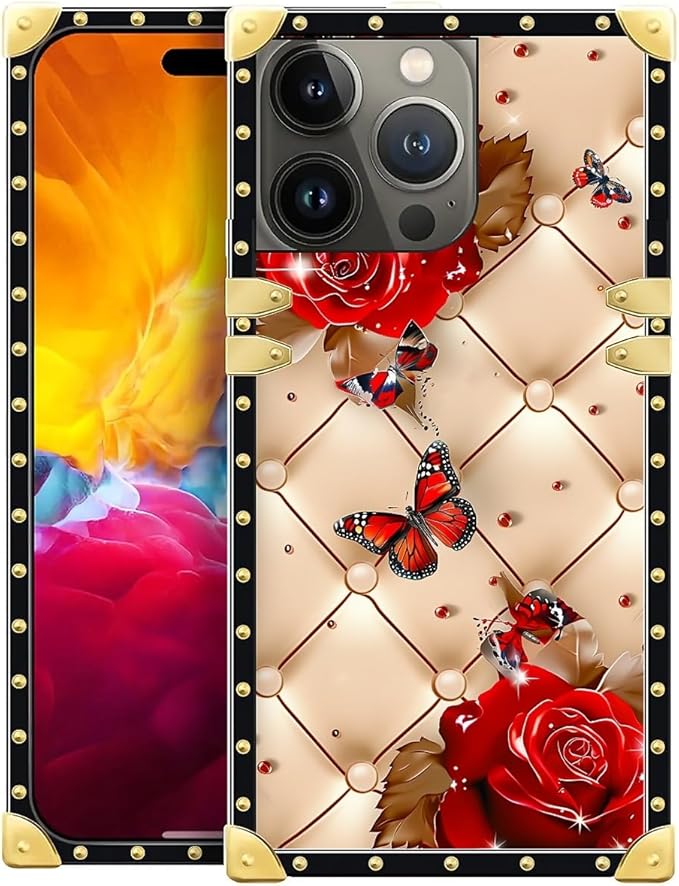 Compatible with iPhone 15 Pro Case, Shining Red Rose Butterfly Leather Background Luxury Golden Decoration for Girl Women Soft TPU Shockproof Protective Hard PC Back for iPhone 15 Pro