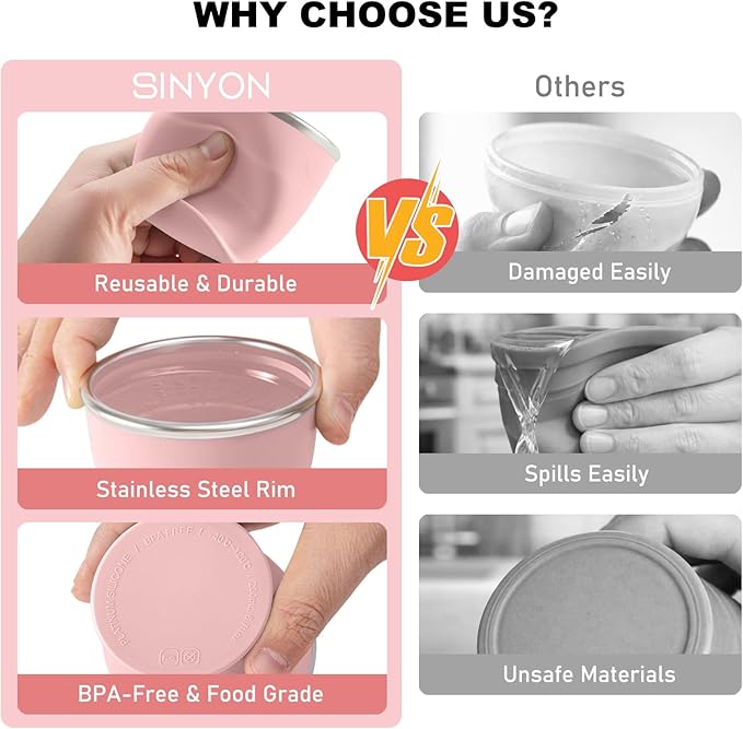 Collapsible Travel Cup, BPA-Free Reusable Water Cup, Lightweight Drinking Cups with Lids and Carrying Strap, Dishwasher Safe Silicone Cups for Camping, Travel, Airports, Hotel (6.7oz, Pink)