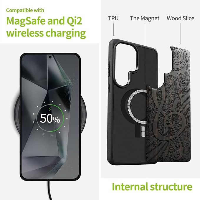 Carveit Magnetic Wooden Case for Samsung Galaxy S26 Ultra Case 2026, TPU Shockproof Cover & Wood Artisan Engraved, Compatible with MagSafe Wireless Chargers (Zen Doodle Treble Clef) Blackwood