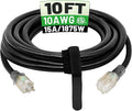 POWGRN 10 Ft 10AWG Black Outdoor Extension Cord Waterproof Heavy Duty 10 Gauge 3 Prong, Flexible Cold-Resistant Power Cord Indoor & Outside with Lighted Indicator End, 15Amp 1875W SJTW ETL Listed