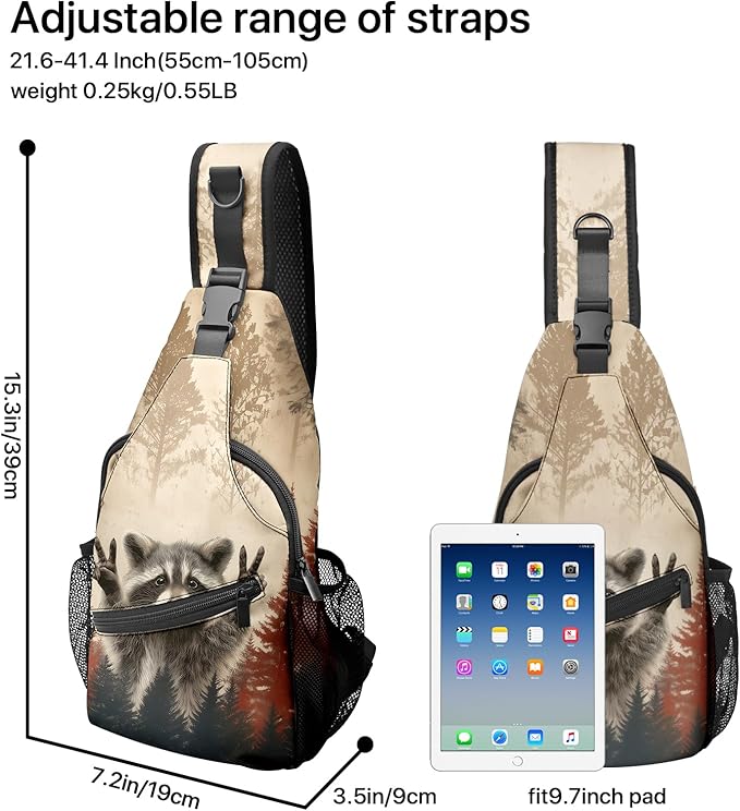 FyLybois Raccoon Sling Bag for Women Lightweight Crossbody Backpack Casual Daypack with Adjustable Strap for Travel Work Hiking Everyday Use