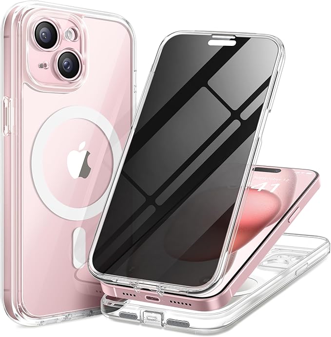TIESZEN for iPhone 15 Plus Case, Compatible with MagSafe, Built-in Privacy Screen Protector and Camera Protection, Anti Spy Full Body Dustproof Shockproof Hard Phone Case 6.7", Clear