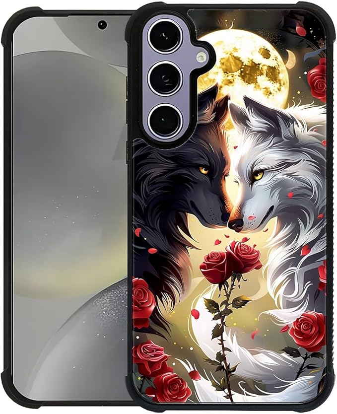 for Samsung Galaxy S24 S25 Case, Black White Wolf Moon Flower Rose Pattern Graphic Design Girl Boy Soft Silicone Hard Acrylic Shock Protection for Samsung Galaxy S24 S25