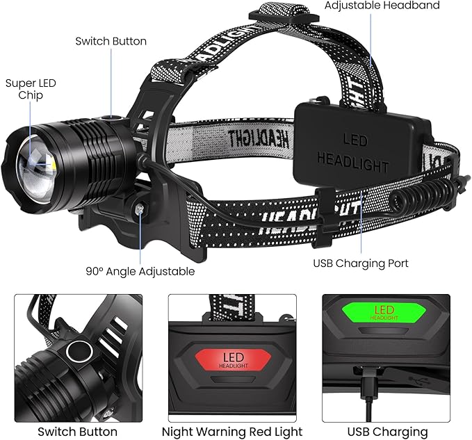 azamine LED Headlamp Rechargeable, 99000 Lumens Bright Head Lamp Βattery Include, 90° Adjustable Head Lights for Forehead with 3 Modes, Long Runtime & Waterproof Headlamps for Adults Camping Hiking