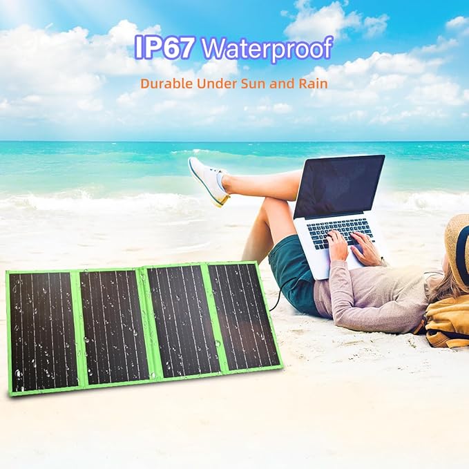 New Tech 60W Portable Solar Panel Charger with USB C, USB A and DC Ports, Outdoor IP67 Waterproof Flodable Solar Charger for Camping, Hiking, Backpacking, High Efficiency Fast Charging