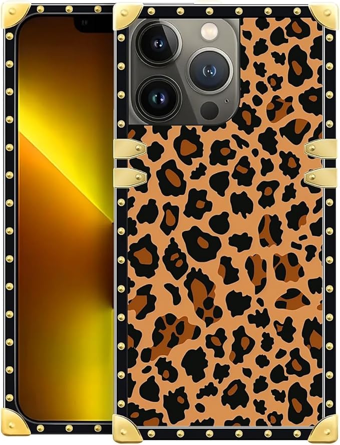 Compatible with iPhone 13 Pro Max Case, Brown Leopard Texture Luxury Golden Decoration for Girl Women Soft TPU Shockproof Protective Hard PC Back for iPhone 13 Pro Max
