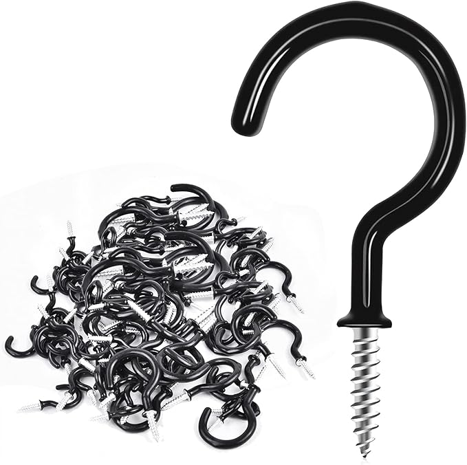 Cup Screw Hooks,3/4 inch Vinyl Coated Ceiling Hooks,160 Pack Screw in Plant Hanger Hooks,Wind Chimes Hook Kitchen Cup Hook Great for Hanging Indoor & Outdoor Use(Black)