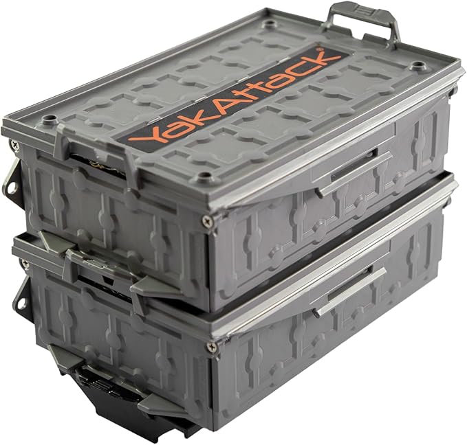 YakAttack TracPak Combo Kit – Battleship Grey | 2 Stackable Storage Boxes + Quick Release Track Base | Fits MightyMount, GearTrac & Kayak Tracks | Space-Saving Fishing Storage | Compact Kayaking Box