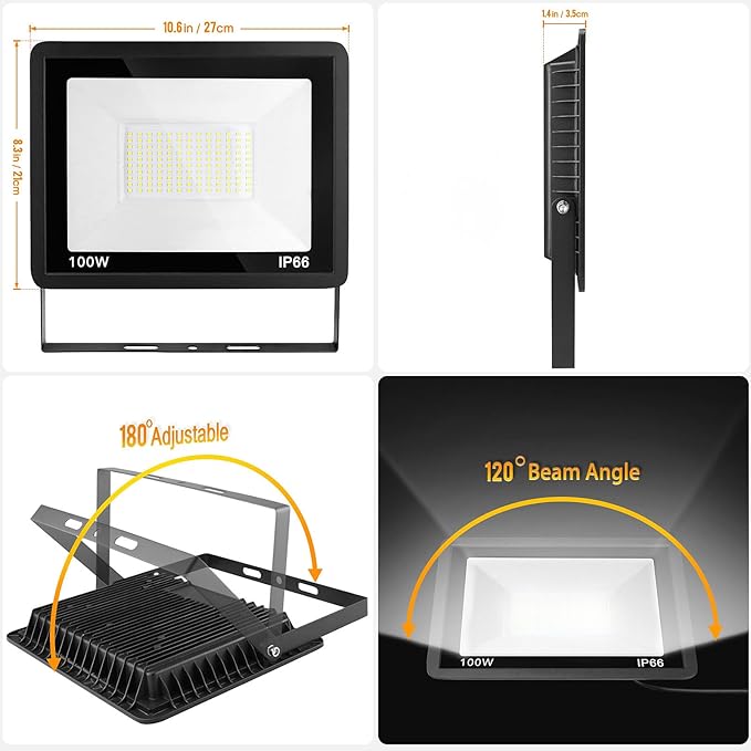 100W LED Flood Light Outdoor, 2Pack 10000LM Super Bright, IP66 Waterproof Outside Work Lights, 6500K Daylight White Security Lights, Plug in Flood Light for Yard Garage Garden Patio