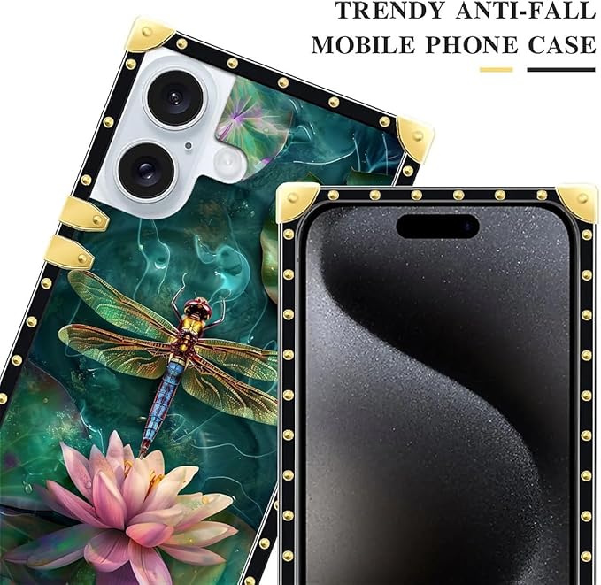 Compatible with iPhone 16 Plus Case, Colourful Dragonfly Pink Lily Pads Luxury Golden Decoration for Girl Women Soft TPU Shockproof Protective Hard PC Back