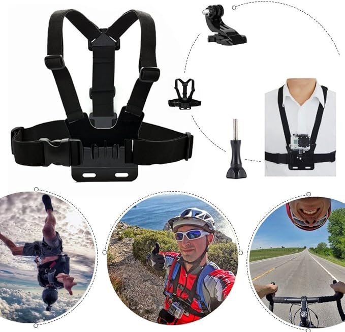 3 in 1 Universal Action Camera Accessories Kit - Head Strap Mount/Chest Harness/Selfie stick Compatible with Gopro Hero 13 12 11 10 9 8 7 6 5/AKASO EK7000/V50/Brave 7/Dragon Touch Action Camera