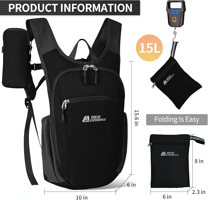 Hiking Backpack 10L/15L Small Daypack Lightweight Packable Travel Foldable Water Resistan for Women Men (Black, 15L)