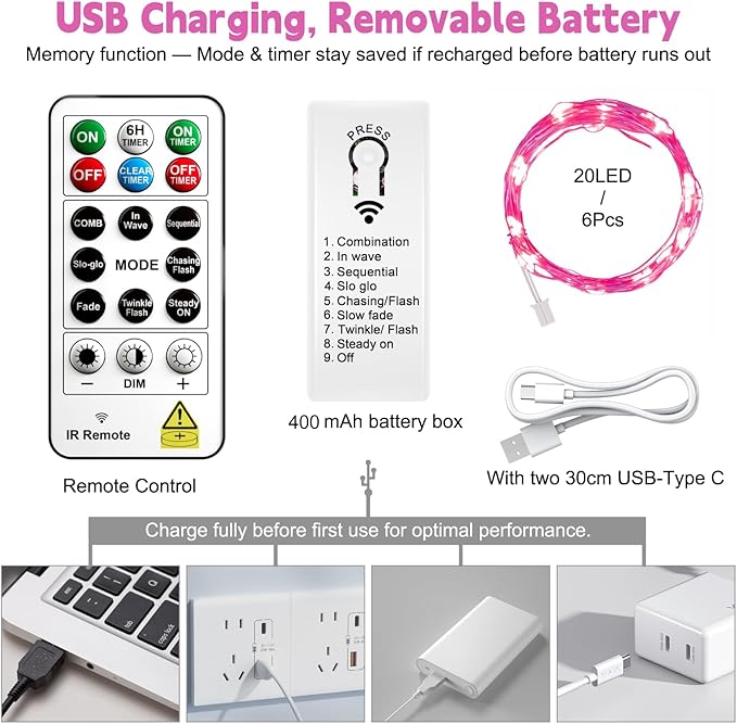 ZSJWL 6 Pack Rechargeable Fairy Lights with Remote & DIY Timer, 7Ft 20LED Mini Battery String Light, Twinkle Silver Copper Wire Lights for Wedding Party Bedroom Christmas Table Decoration (Pink)