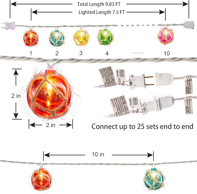 Brillarlights Nautical Fishing Float String Lights, Beach Themed Buoy Lights Set of 10 Multicolor String Lights for Indoor Home Decor and Outdoor Patio Decorations