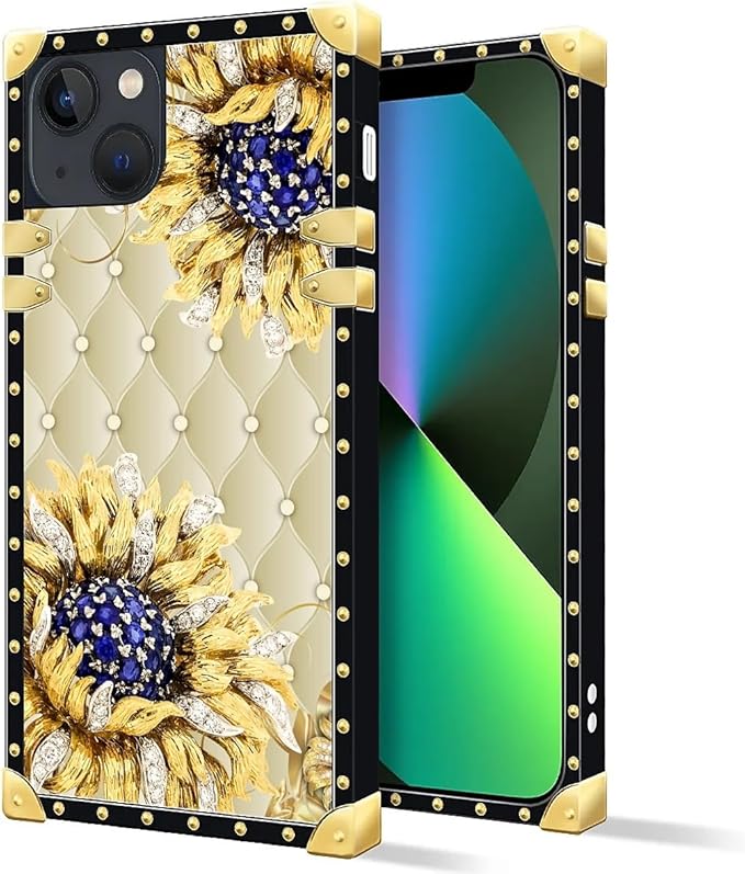 Compatible with iPhone 13 Case, Sunflower Diamonds Leather Luxury Golden Decoration for Girl Women Soft TPU Shockproof Protective Hard PC Back for iPhone 13