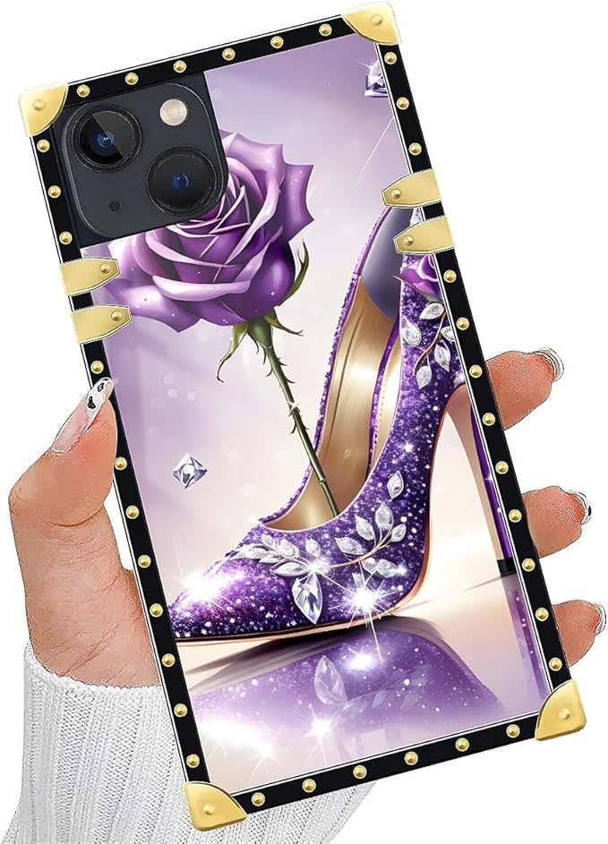 Compatible with iPhone 15 Case, High Heeled Purple Diamond Rose Luxury Golden Decoration for Girl Women Soft TPU Shockproof Protective Hard PC Back for iPhone 15