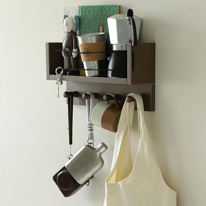 Entrance Coat Rack ，Coat Hooks, Wall-Mounted Wooden Hook Rack, Wall-Mounted Shelves are Very Suitable (Walnut Color Finish-B-1)