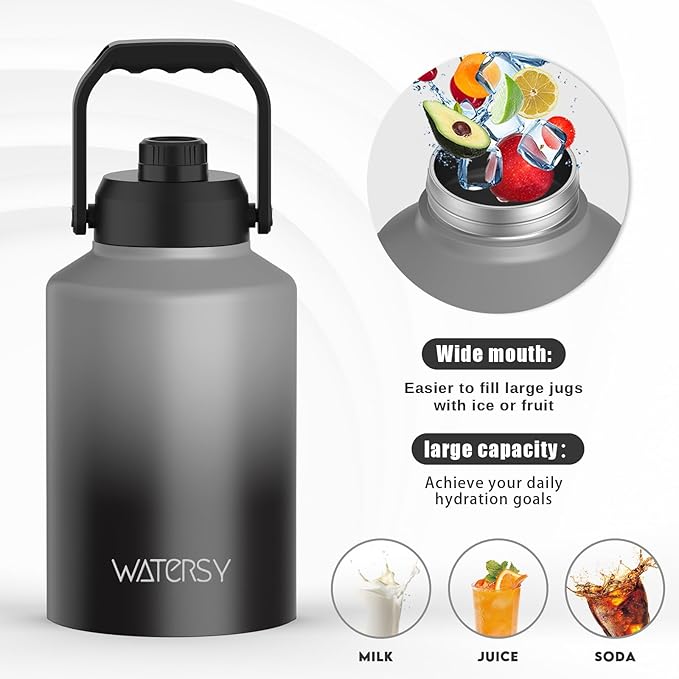WATERSY 1 Gallon Water Bottle Insulated(Cold for 48 Hrs),BPA Free&Leak Proof,128oz Stainless Steel Water Jug,Big thermo,Large Water Bottle with Handle for Gym,Hiking,Camping&Travel,Gray