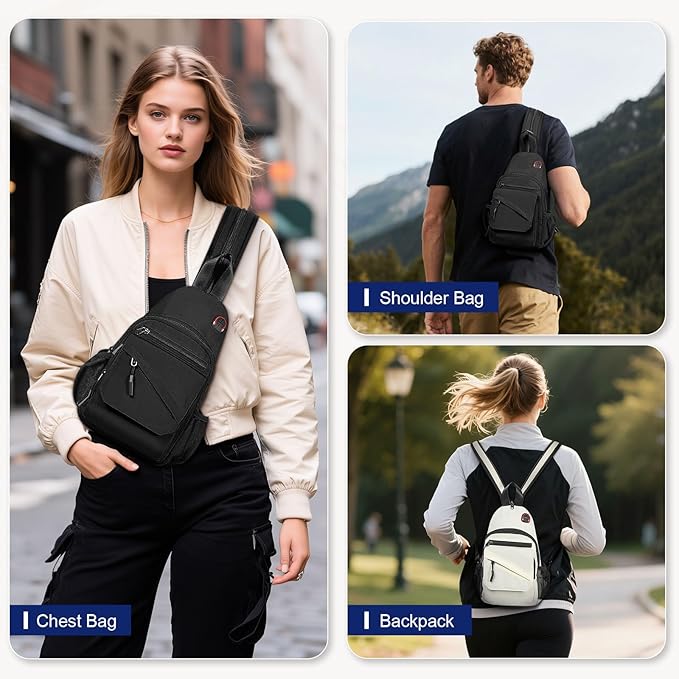 Crossbody Bag Casual Sling Bag for Men, Convertible Backpack, 3-in-1 Anti-Theft Shoulder Bag Trendy Daypack for Travel,Large, Black
