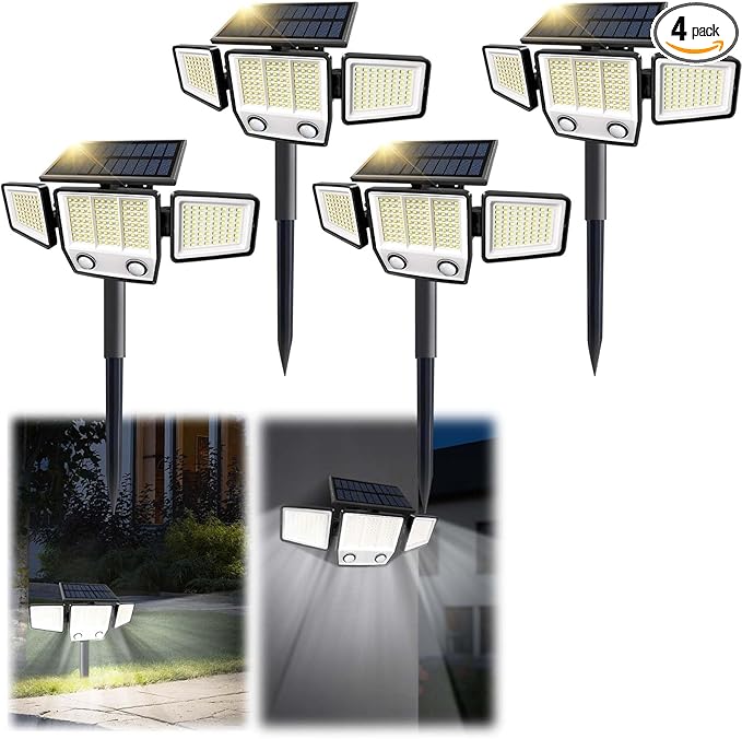 MDCMDCM Solar Motion Sensor Outdoor Lights Waterproof - 3000LM 3 Modes Security Lights Outdoor 270° Illumination IP65 LED Solar Flood Wall Light for Garden Yard Patio Pathway (with Stakes, 4)