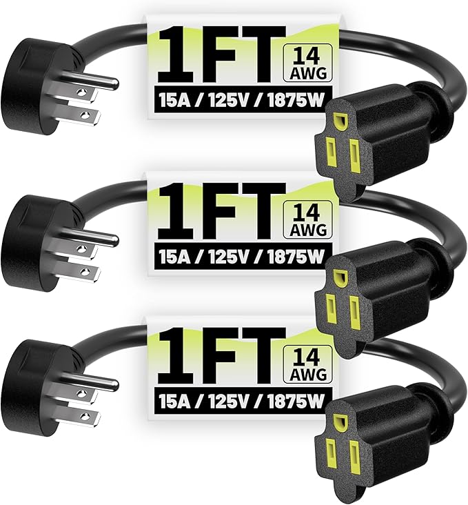 Vockjour 1 FT 3 Pack Black Short Low Profile Flat Plug 14 Gauge Heavy Duty Extension Cord, 14AWG 3-Wire Grounded Appliance Extension Cord, 15A/125V/1875W SJTW ETL Listed Power Cord