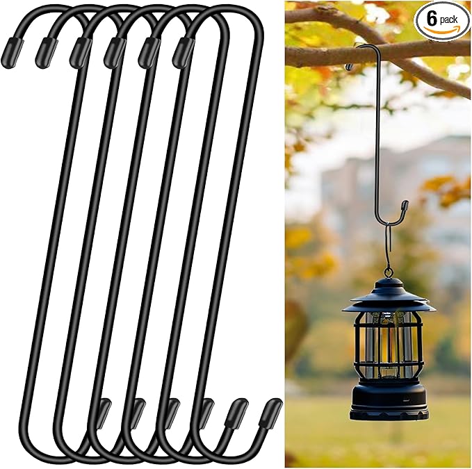 Dpyrrhic 6 Pack 12 Inch Large S Hooks for Hanging Plants,Black Extra Matel Heavy Duty Hook for Hang Brsket,Bird House,Clothes,Kitchenware
