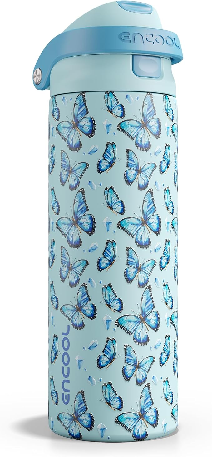 ENCOOL Leakproof Insulated Stainless steel Water Bottle with Straw Dual-Sip Water Bottle Bag-Safe Design for Work, BPA-Free Commute & Gym – Keeps Drinks Cold All Day, 24 oz, Glacier Butterfly