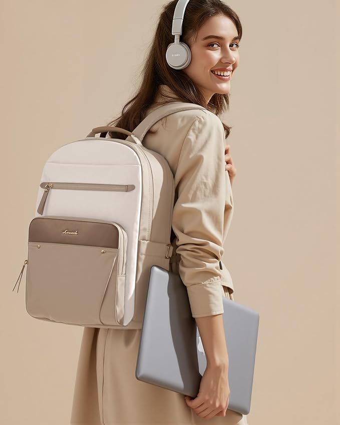 LOVEVOOK Laptop Backpack for Women with Leather Trim & Tumbler Pockets, 17.3" Work Backpack Purse, Travel Personal Item Bag, Carry On Business Computer Bag for Office, School, or Gift, Soft Taupe