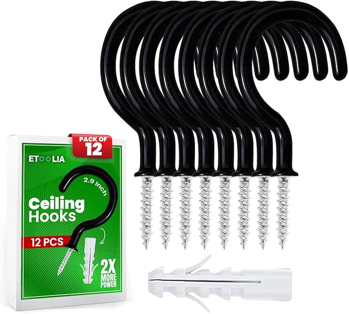 12 Pcs Ceiling Hooks for Hanging Plants - 2.9 inches Heavy Duty, Hanging Hooks for Christmas Lights, Cups, Decors - White Vinyl Coated Screw in Plant Hanger Hook Indoor and Outdoor
