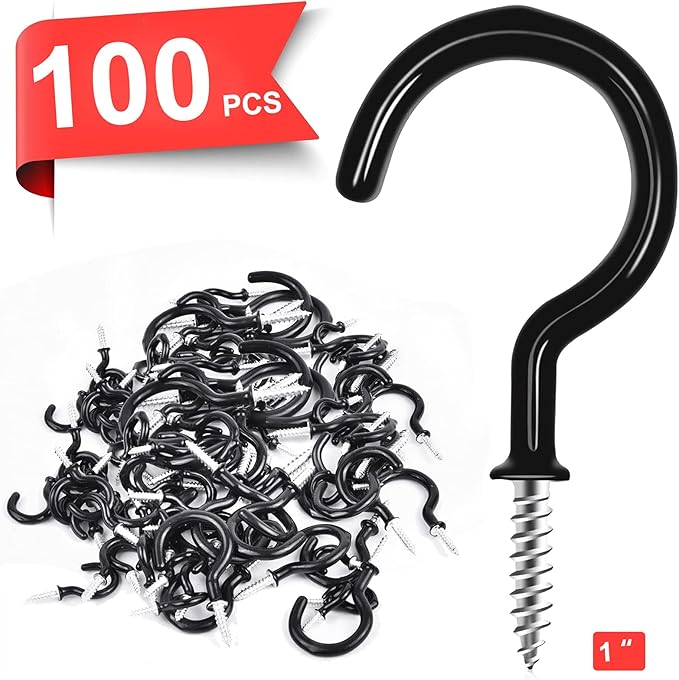 Cup Screw Hooks,1 inch Vinyl Coated Ceiling Hooks,100 Pack Screw in Hook,Wind Chimes Hook Kitchen Cup Hook Great for Hanging Indoor & Outdoor Use(Black)