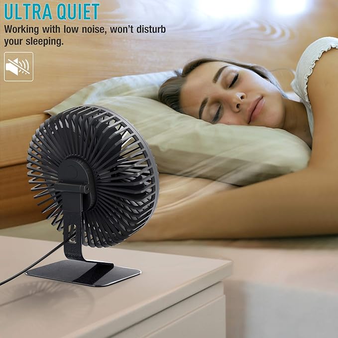 SLENPET 6-inch USB Small Desk Fan, 4 Speeds, Ultra-quiet, 90° Adjustment for Better Cooling, Portable Mini Powerful Desktop Table Fan, Personal Fan for Home Office, Metal Base, Black