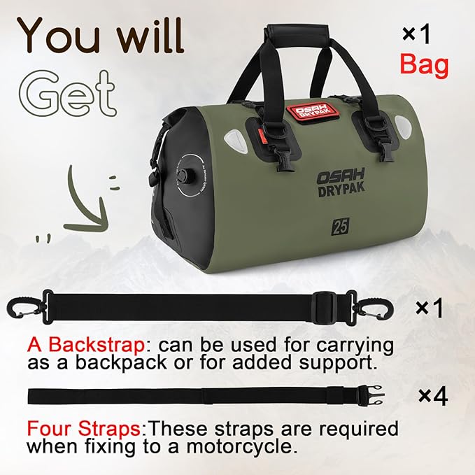OSAH DRYPAK Waterproof Duffel Bag - Motorcycle Dry Bag Tail Bag with Large Storage Space, Waterproof Luggage Duffle Bags with Outer Mesh Zipper Pocket for Camping, Kayaking, Fishing & Traveling