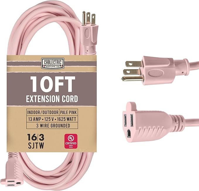 Outdoor Extension Cord 10 ft - 16 Gauge 13 Amp Heavy Duty Power Extension Cords - SJTW - Great for Small Appliances, Outdoor Lights, Garden Supplies - Pink