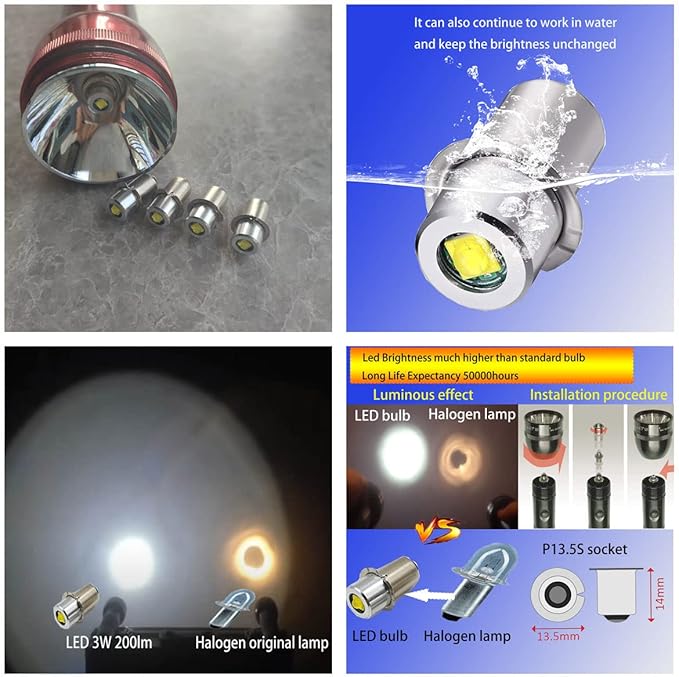P13.5S PR2 LED Bulb Flashlight Replacement Led Conversion kit 2D 3D 4d Cell Bulbs 3W 3V 4.5V 6V for 2-4C&D LED Bulbs 4Pack