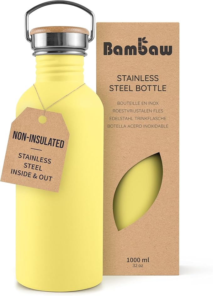 Bambaw Stainless Steel Water Bottle 32 oz, Non-insulated Yellow Beam with Handle, Dishwasher Safe