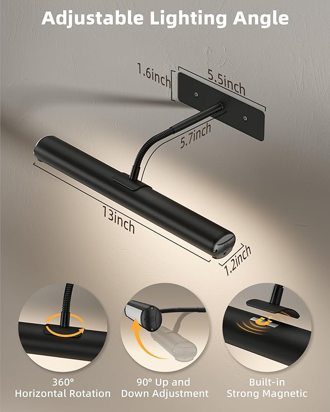 EZVALO 13-Inch Wireless Picture Light, 4000mAh Rechargeable Battery LED Art Light with Remote, Dimmable 3 Color Temps Painting Light for Living Room, Bedroom, Hallway (Black)